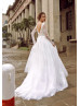 Long Sleeve V Neck Beaded Ivory Eyelash Lace Wedding Dress